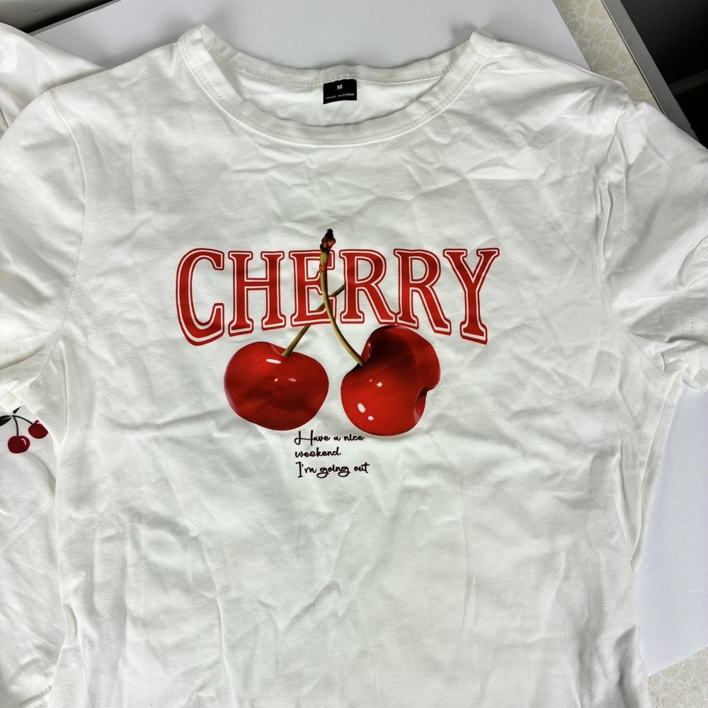 Y2K Babydoll Baby Tee Crop Top Cherry Print 2 pcs 90s Coquette Cute Feminine M - Picture 2 of 6